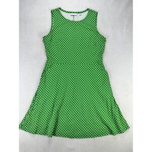 New York & Company Green White Geometric Lattice A-Line Cotton Dress Large L